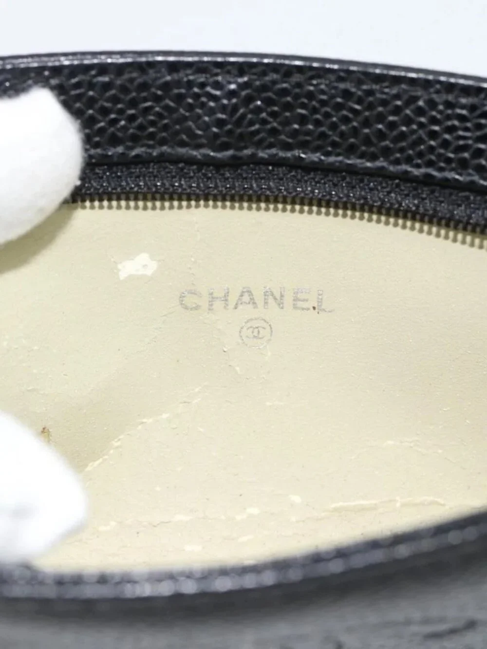 CHANEL COCO Mark Pouch Grained Calf Skin Black Gold CC Auth 181481